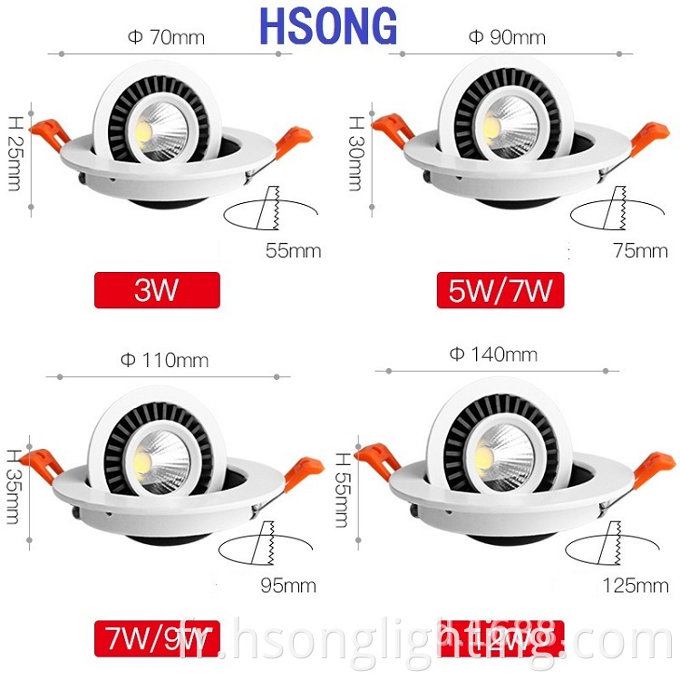 2021New 7W 12W LED à 360 degrés Rotation Gimbal Cob Downlight